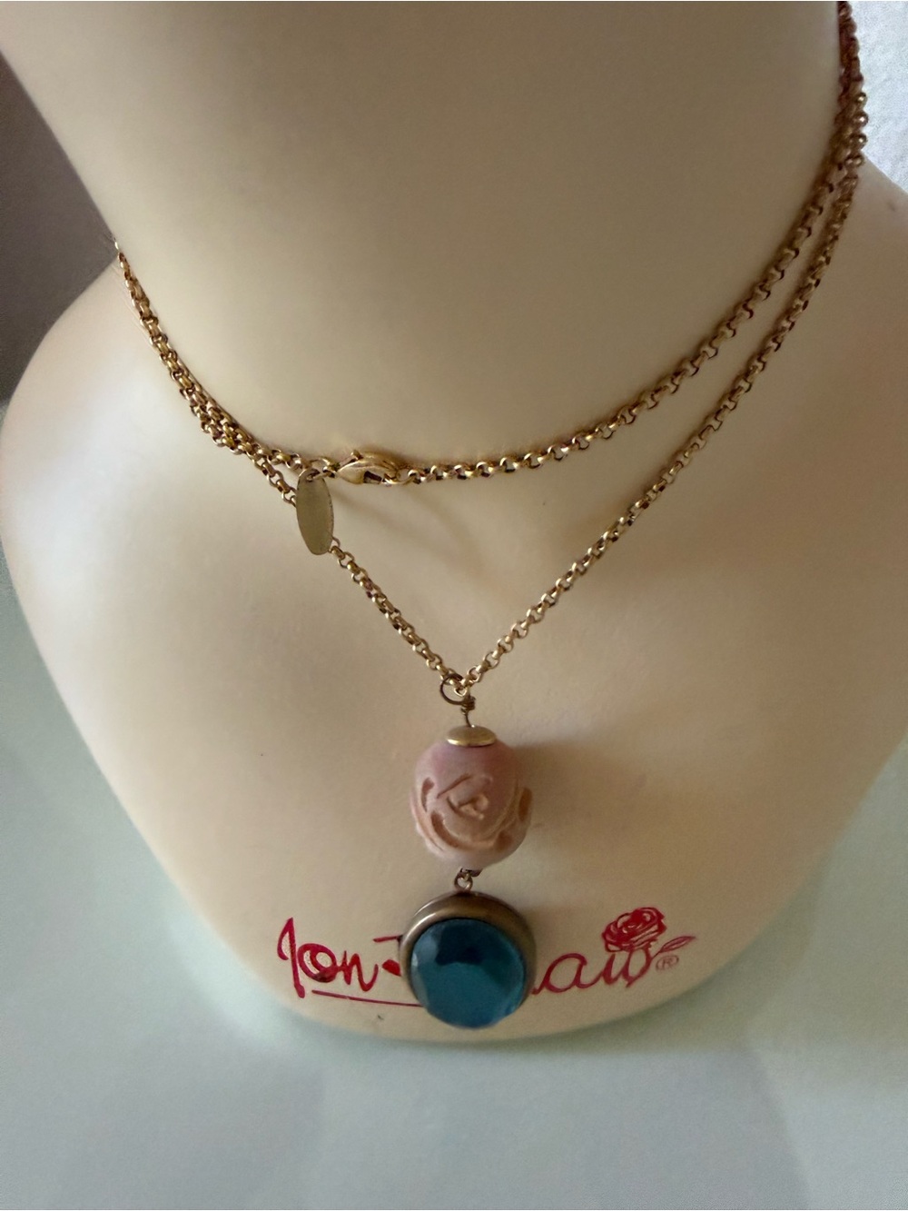 Lenora Dame Gold-Tone  Necklace with  wooden Bead Pendant Locket 27”